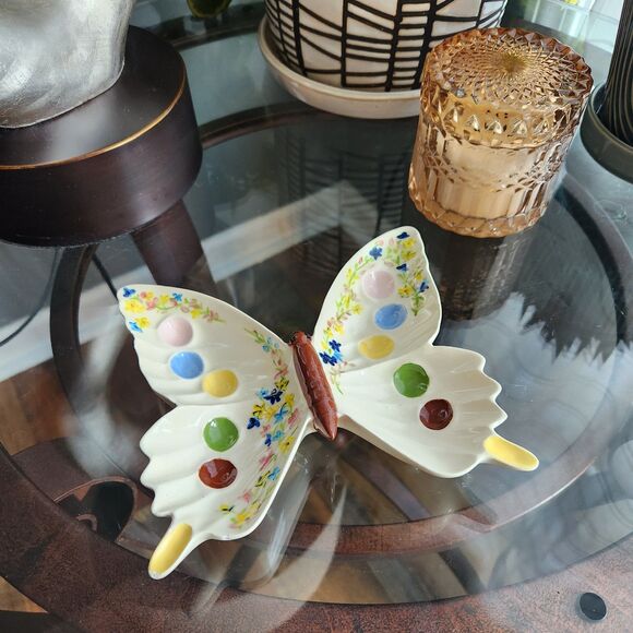 🦋 1970s Butterfly Floral Trinket Dish Tray Mid Century Decor Handpainted Retro - Picture 2 of 6